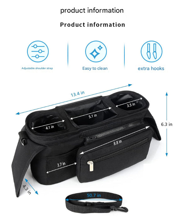 Black and Pink Stitching Universal Stroller Organiser Caddy with Insulated Cup Holders and Detachable Wristlet Tristar Online