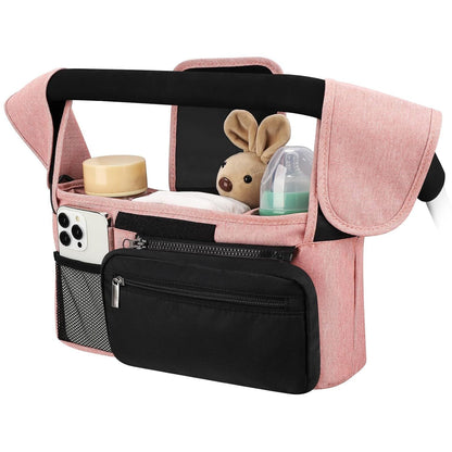 Pink and Black Stitching Universal Stroller Organiser Caddy with Insulated Cup Holders and Detachable Wristlet Tristar Online