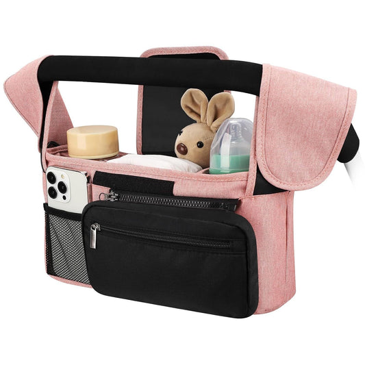 Pink and Black Stitching Universal Stroller Organiser Caddy with Insulated Cup Holders and Detachable Wristlet Tristar Online