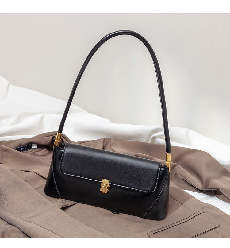 Black Elegant Vintage Baguette Shoulder Bag - Chic PU Leather Underarm Purse with Gold Clasp Tristar Online