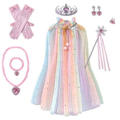 Pink Girls Rainbow Princess Costume Cape Set with Tiara Wand Gloves and Jewellery Sequin Star Tulle Cloak for Book Week and Dress Up Tristar Online