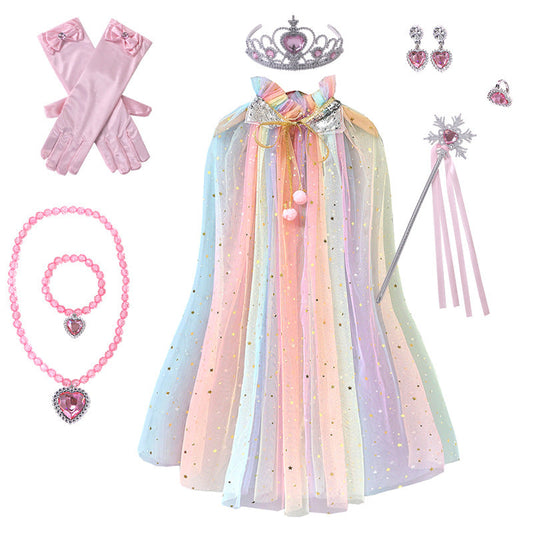Pink Girls Rainbow Princess Costume Cape Set with Tiara Wand Gloves and Jewellery Sequin Star Tulle Cloak for Book Week and Dress Up Tristar Online