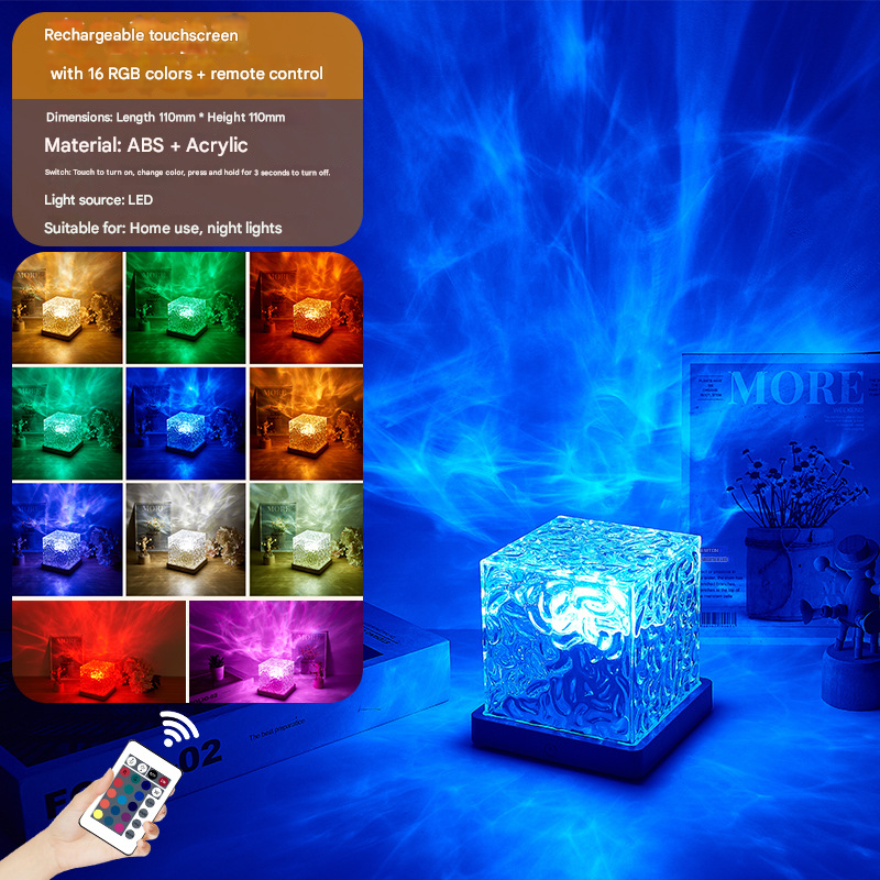 Square Dynamic Water Ripple Projector Night Light 16 RGB Colours Rechargeable LED Atmosphere Lamp with Remote Control for Bedroom and Photography Tristar Online