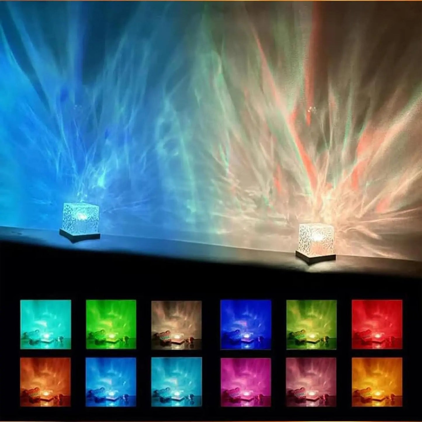 Square Dynamic Water Ripple Projector Night Light 16 RGB Colours Rechargeable LED Atmosphere Lamp with Remote Control for Bedroom and Photography Tristar Online