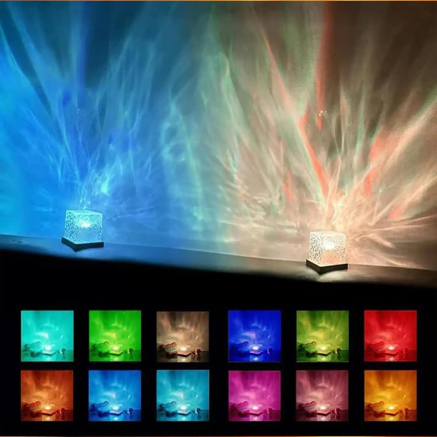 Square Dynamic Water Ripple Projector Night Light 16 RGB Colours Rechargeable LED Atmosphere Lamp with Remote Control for Bedroom and Photography Tristar Online