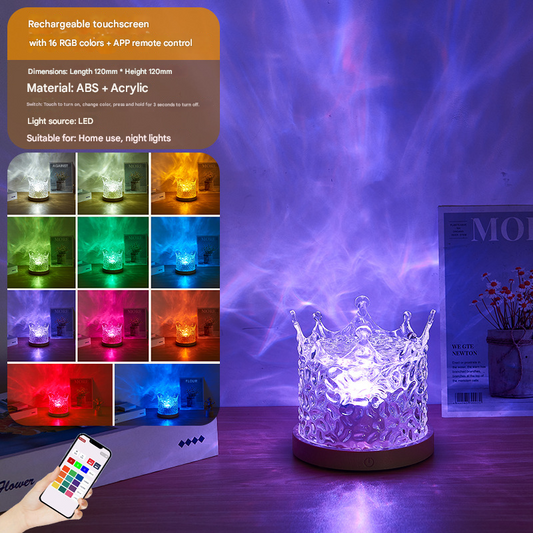 Crown Dynamic Water Ripple Projector Night Light 16 RGB Colours Rechargeable LED Atmosphere Lamp with Remote Control for Bedroom and Photography Tristar Online