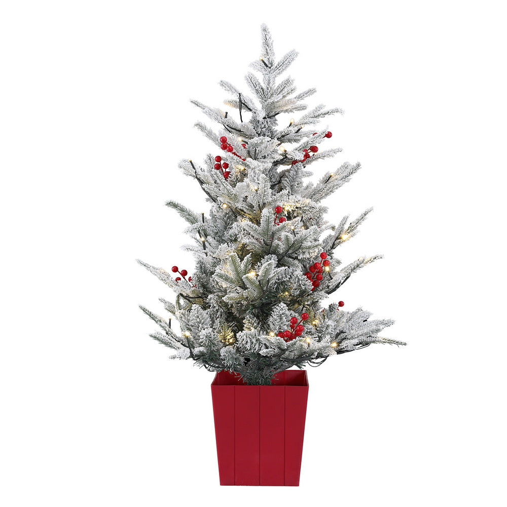 Jingle Jollys Christmas Tree 1M LED Potted Xmas Party Decor Red Barries Flocked Tristar Online