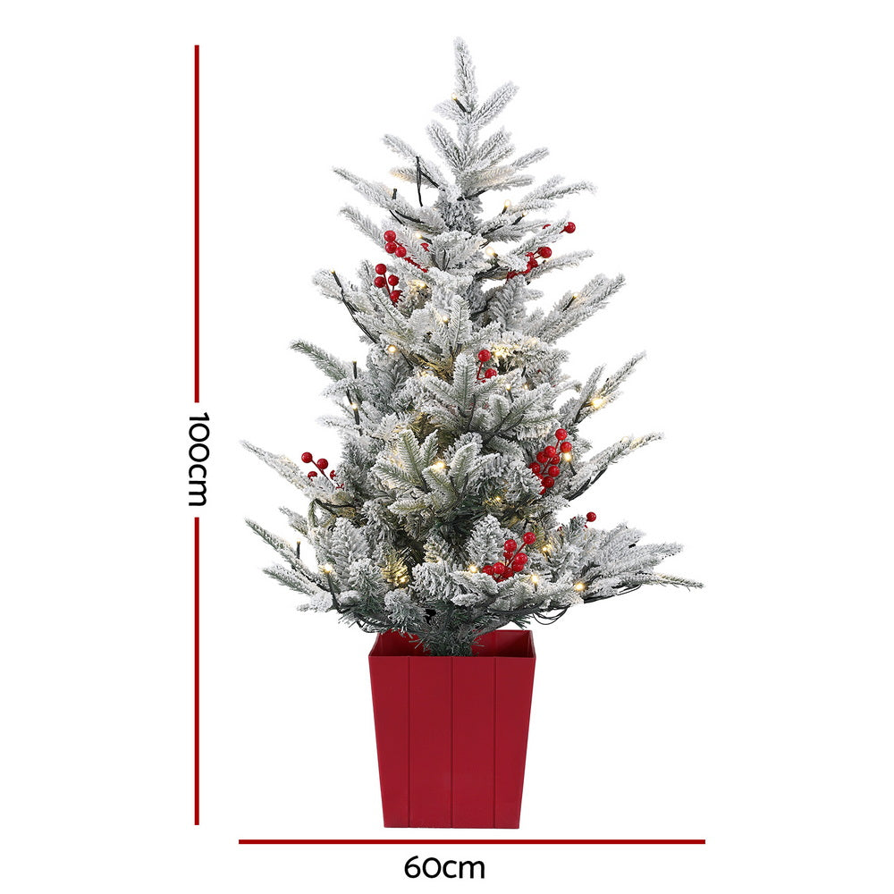 Jingle Jollys Christmas Tree 1M LED Potted Xmas Party Decor Red Barries Flocked Tristar Online