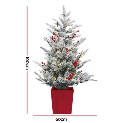 Jingle Jollys Christmas Tree 1M LED Potted Xmas Party Decor Red Barries Flocked Tristar Online