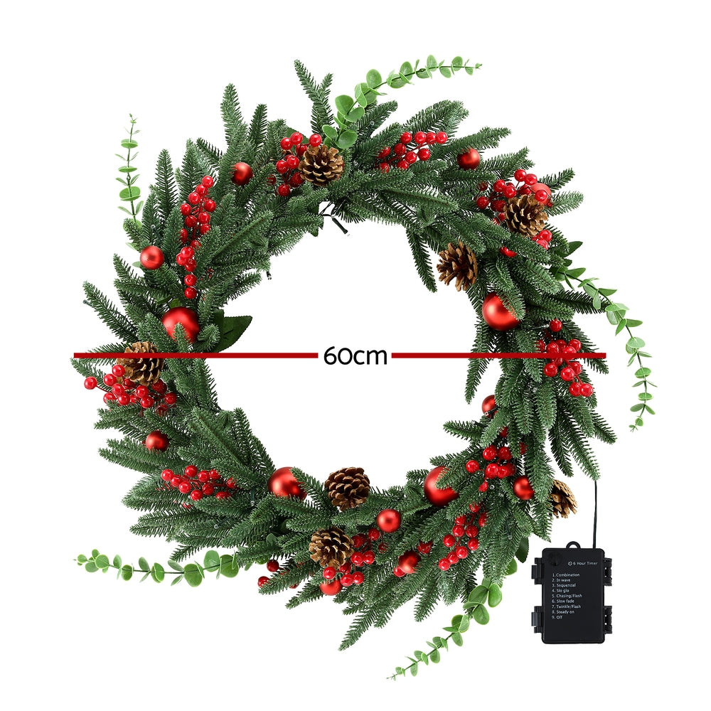 Jingle Jollys Christmas Wreath 60CM LED Garland Berries Pine Cones Party Decor Tristar Online