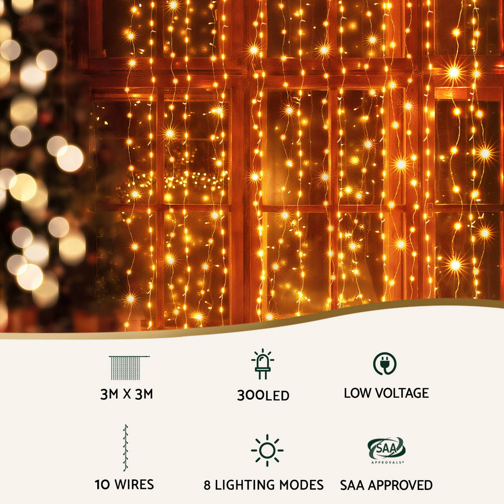 Jingle Jollys 3X3M Christmas Lights Curtain String Light 300 LED Warm White Tristar Online