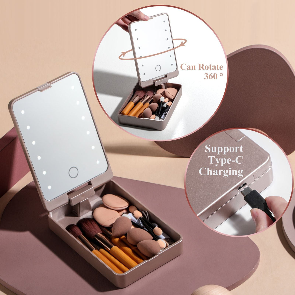 All-in-One Portable Makeup Brush Kit with LED Mirror Travel Case, Sponges & Applicators(pink) Tristar Online