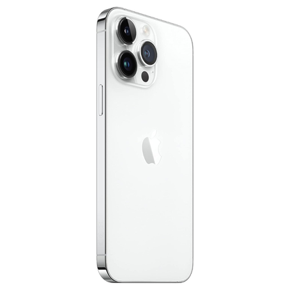 Apple iPhone 14 Pro Silver shown from the back at an angle, highlighting camera and design.