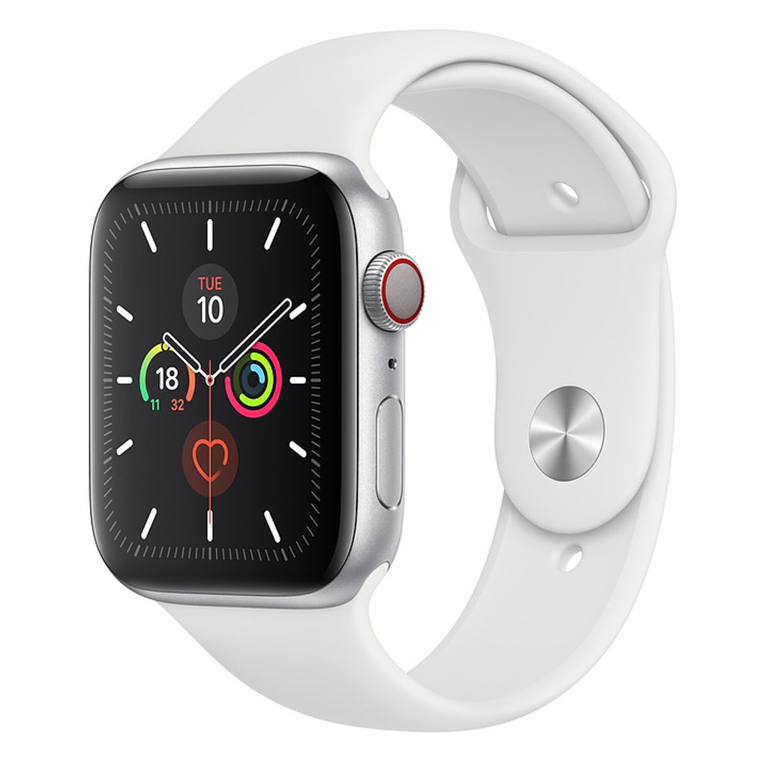 Apple Watch Series 5 44mm Silver Aluminum Case (GPS + Cellular) w/ White Sport Band - Excellent - Refurbished (AU Version) Apple