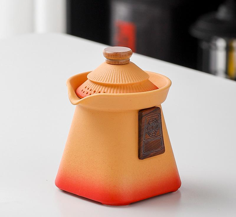 Artisan Ceramic Tea Pot with Built-in Strainer - 280ml, Gradient Finish & Wooden Accents(Yellow+red) Tristar Online