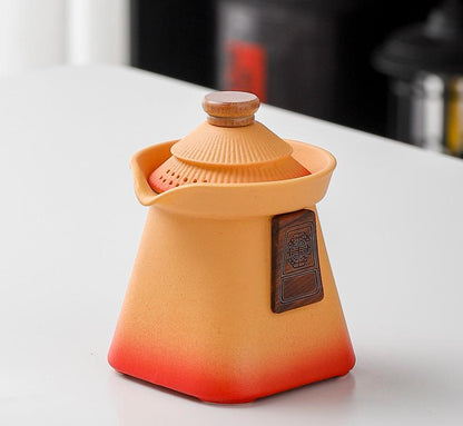 Artisan Ceramic Tea Pot with Built-in Strainer - 280ml, Gradient Finish & Wooden Accents(Yellow+red) Tristar Online