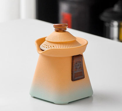 Artisan Ceramic Tea Pot with Built-in Strainer - 280ml, Gradient Finish & Wooden Accents(Yellow+cyan) Tristar Online