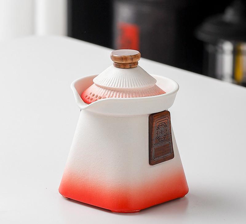 Artisan Ceramic Tea Pot with Built-in Strainer - 280ml, Gradient Finish & Wooden Accents(White+red) Tristar Online