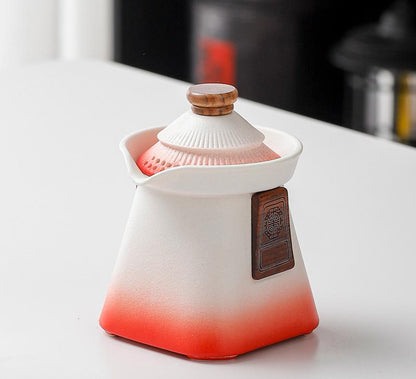 Artisan Ceramic Tea Pot with Built-in Strainer - 280ml, Gradient Finish & Wooden Accents(White+red) Tristar Online