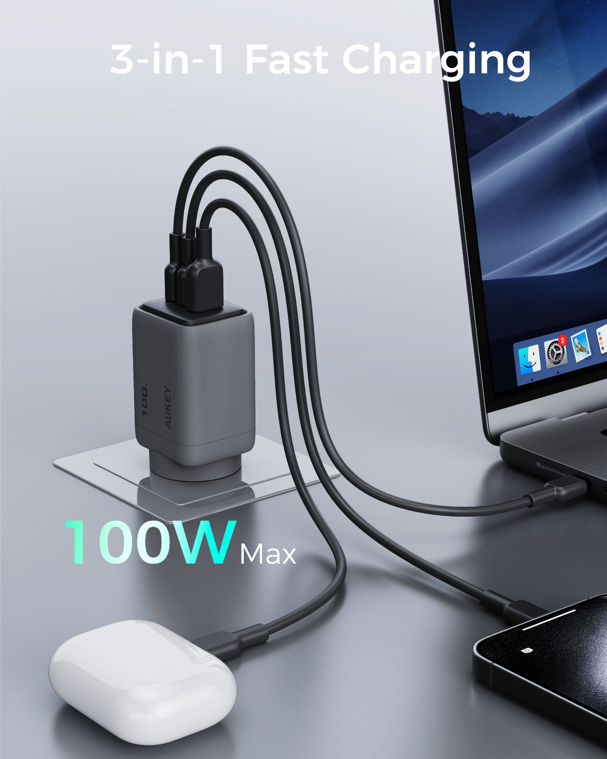 Aukey Comet 100W PD Fast Wall Charger GaN USB-C with 100W 1.8m USB-C to C Cable (PA-C5) Tristar Online