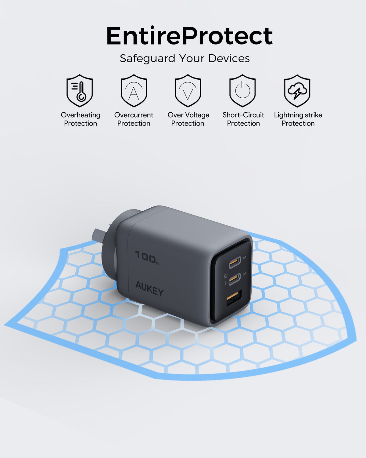 Aukey Comet 100W PD Fast Wall Charger GaN USB-C with 100W 1.8m USB-C to C Cable (PA-C5) Tristar Online