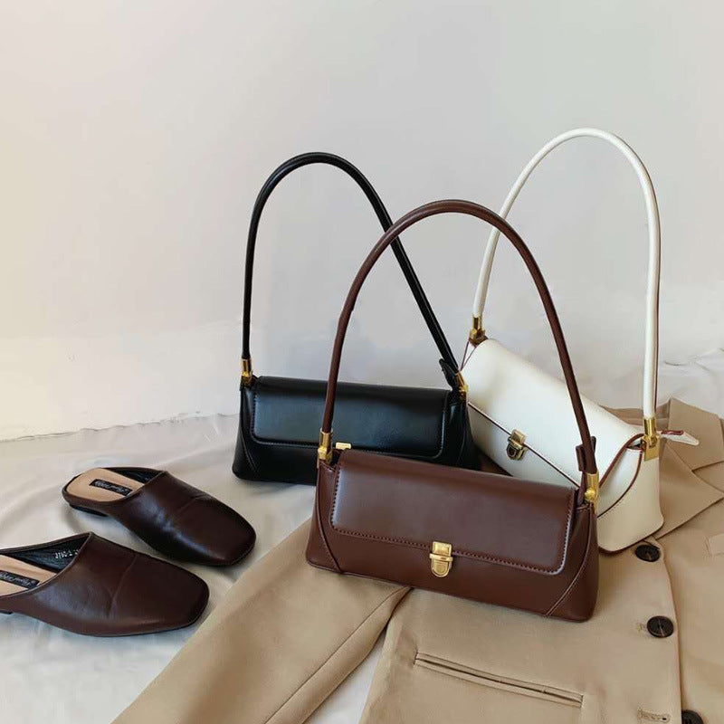 Beige Elegant Vintage Baguette Shoulder Bag - Chic PU Leather Underarm Purse with Gold Clasp Tristar Online