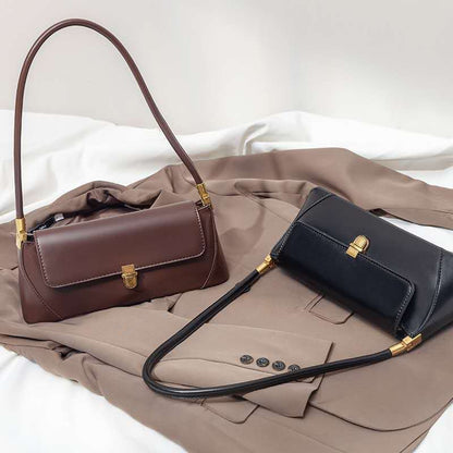 Beige Elegant Vintage Baguette Shoulder Bag - Chic PU Leather Underarm Purse with Gold Clasp Tristar Online