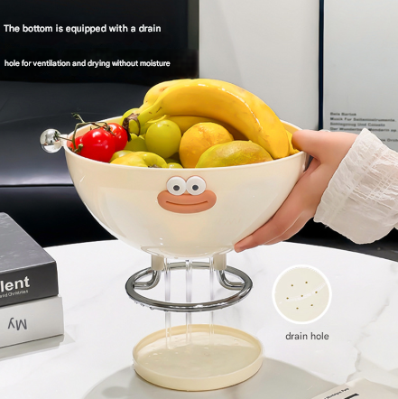 Beige Whimsical Covered Fruit Bowl with Flip Lid & Drainer - Cute Design Snack & Candy Dish for Living Room Tristar Online