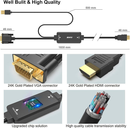 BENFEI 324BK VGA to HDMI Cable with Audio, 1080P Uni-Directional 1.8M Tristar Online