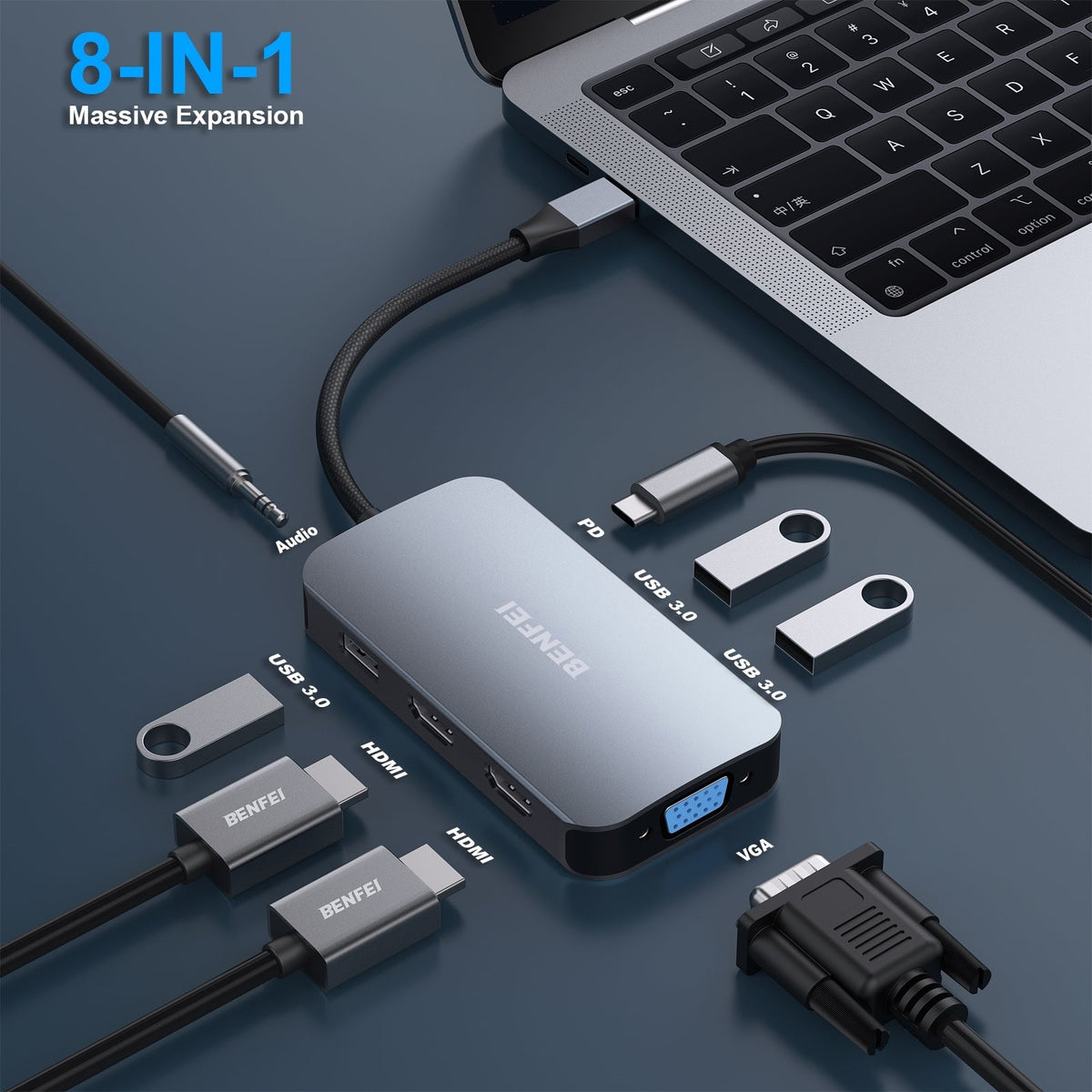 BENFEI 335GY USB-C Hub with Triple Display, 8-in-1 Docking Station (100W PD, Dual 4K HDMI, VGA, 3x USB 3.0) Tristar Online