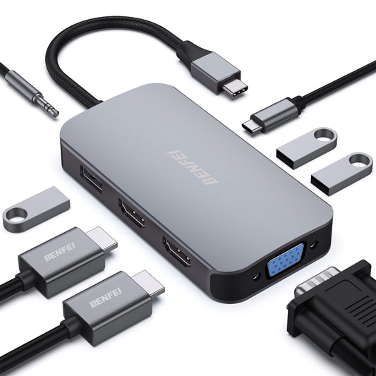 BENFEI 335GY USB-C Hub with Triple Display, 8-in-1 Docking Station (100W PD, Dual 4K HDMI, VGA, 3x USB 3.0) Tristar Online