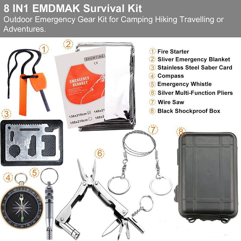Black 8-in-1 Emergency Survival Kit - Compact Outdoor Gear for Camping, Hiking & Car Tristar Online
