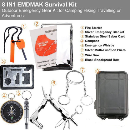 Black 8-in-1 Emergency Survival Kit - Compact Outdoor Gear for Camping, Hiking & Car Tristar Online