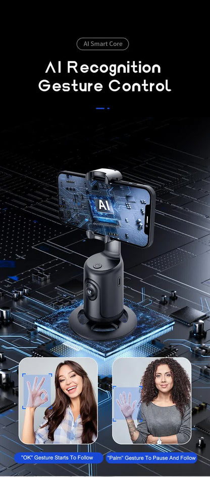 Black AI Smart Auto Tracking Phone Holder - 360° Rotation Face & Body Tracking Mount Tristar Online