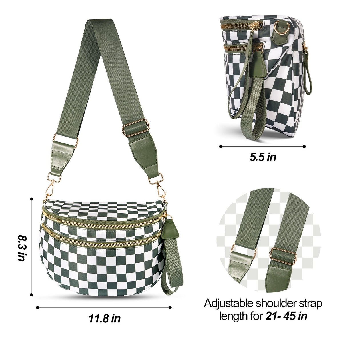 Black and White Checkered Trendy Sling Bag - Women's Crescent Crossbody Purse with Wide Adjustable Strap Tristar Online