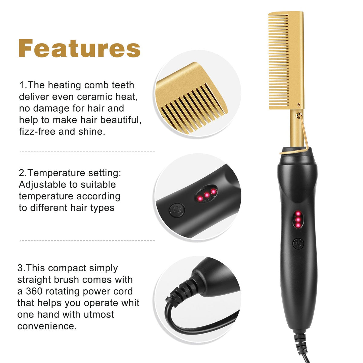 Black Electric Hot Comb Hair Straightener - Fast Heating Styling Tool with 3 Temp Settings & Anti-Scald Guard Tristar Online