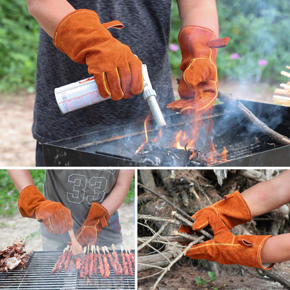 Black-grey 14-Inch Premium Leather BBQ Gloves - Heat-Resistant Up to 500 Degree Tristar Online