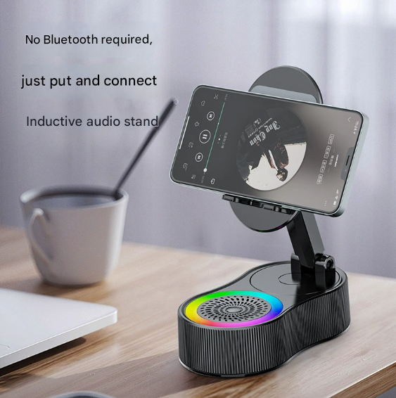 Black Magic Induction Speaker & Adjustable Phone Stand with RGB Lights Tristar Online