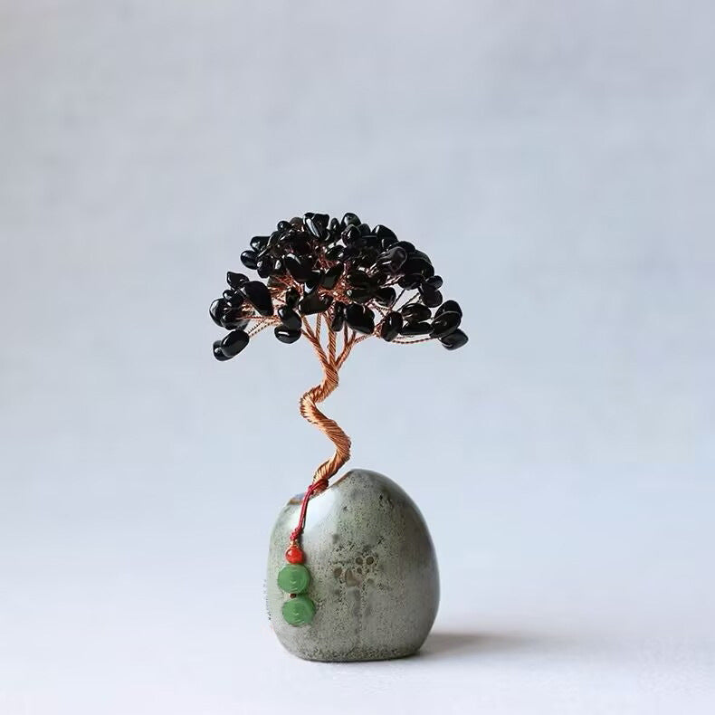 Black Obsidian Natural Crystal Wealth Tree - 12cm Feng Shui Decor, Elegant Office Desk Ornament Tristar Online