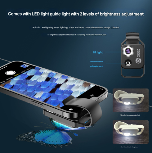Black Portable 200X Clip-On Microscope Lens for Smartphone - HD Pocket Magnifier with CPL Filter and LED Light(excluding mobile phones) Tristar Online