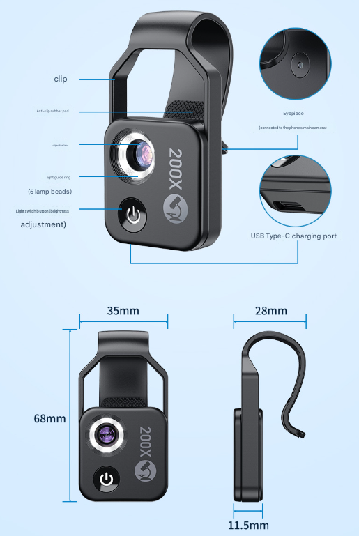 Black Portable 200X Clip-On Microscope Lens for Smartphone - HD Pocket Magnifier with CPL Filter and LED Light(excluding mobile phones) Tristar Online
