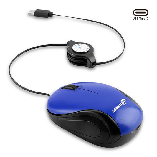 Blue and Black Portable Mini USB-C Mouse with Retractable Cable - Silent Click Travel Mouse for Laptop, MacBook, Tablet Tristar Online
