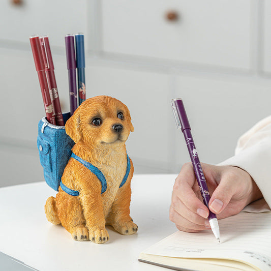 Blue Backpack Charming Golden Retriever Puppy Pen Holder - Resin Desktop Organizer & Decorative Figurine Tristar Online