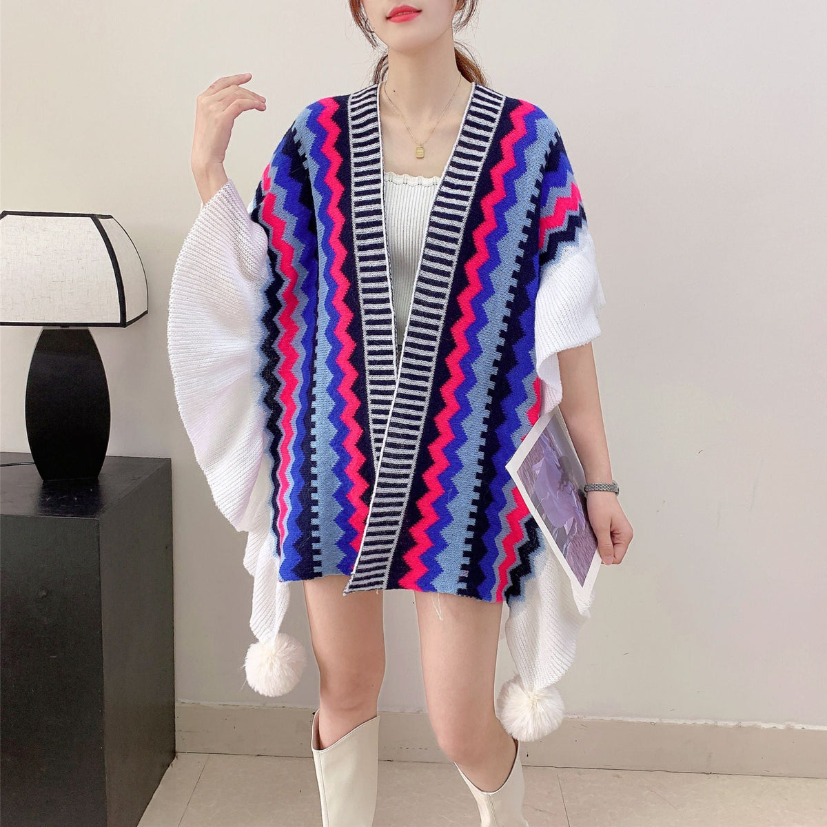 Blue Black Women's printed knitted cardigan cape with ruffled sleeves (Style 6) Tristar Online