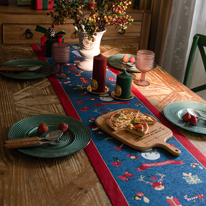 Blue Christmas Festive Table Runner - Blue with Snowman, Reindeer and Happy Holidays (35*180cm) Tristar Online