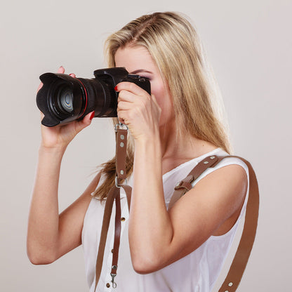 Brown Adjustable Genuine Leather Camera Strap - Crossbody Shoulder Sling for DSLR/SLR(The camera is a prop and is not included) Tristar Online