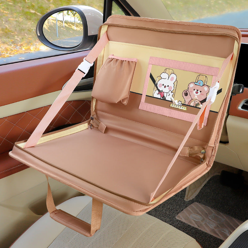 Brown Foldable Car Back Seat Organizer Tray - PU Leather Travel Desk with Tablet Holder Tristar Online