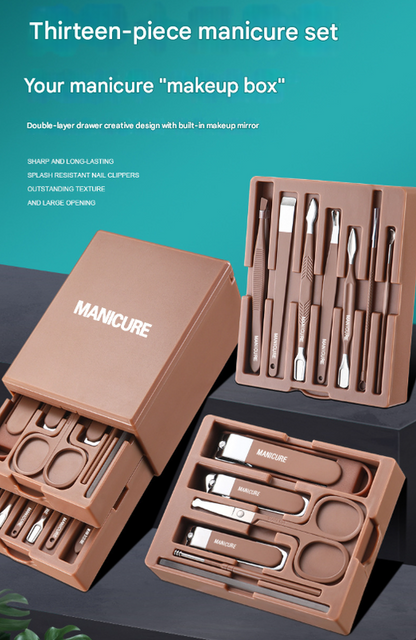 Brown Premium 13-in-1 Manicure & Grooming Kit - Professional Carbon Steel Pedicure Set with Dual-Drawer Case & Mirror Tristar Online