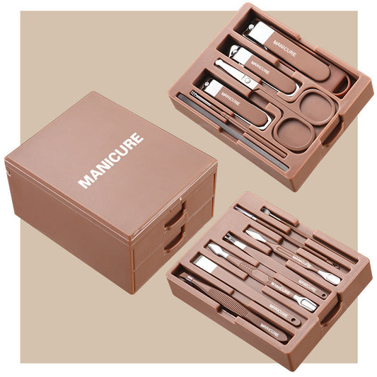 Brown Premium 13-in-1 Manicure & Grooming Kit - Professional Carbon Steel Pedicure Set with Dual-Drawer Case & Mirror Tristar Online