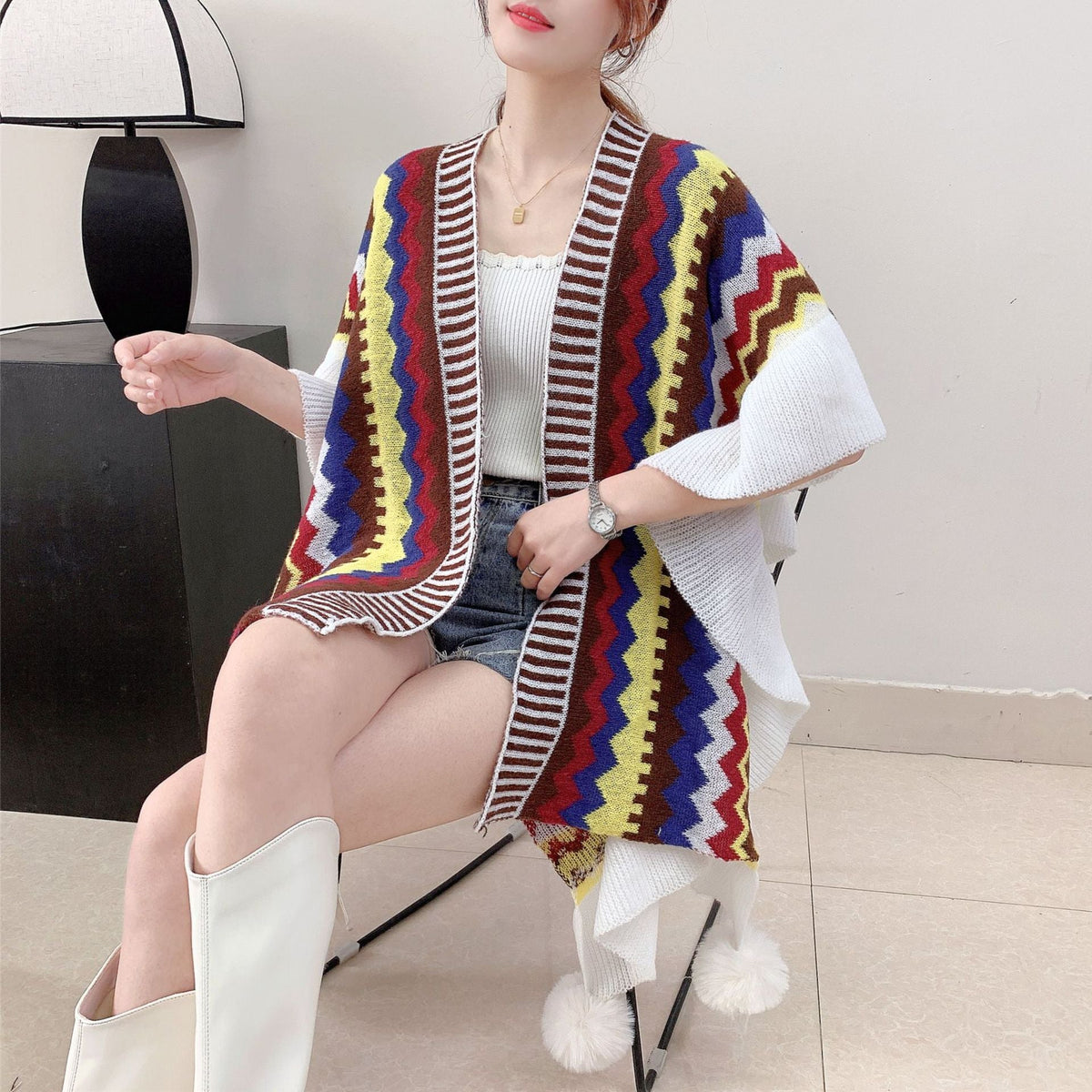 Brown Women's printed knitted cardigan cape with ruffled sleeves (Style 4) Tristar Online